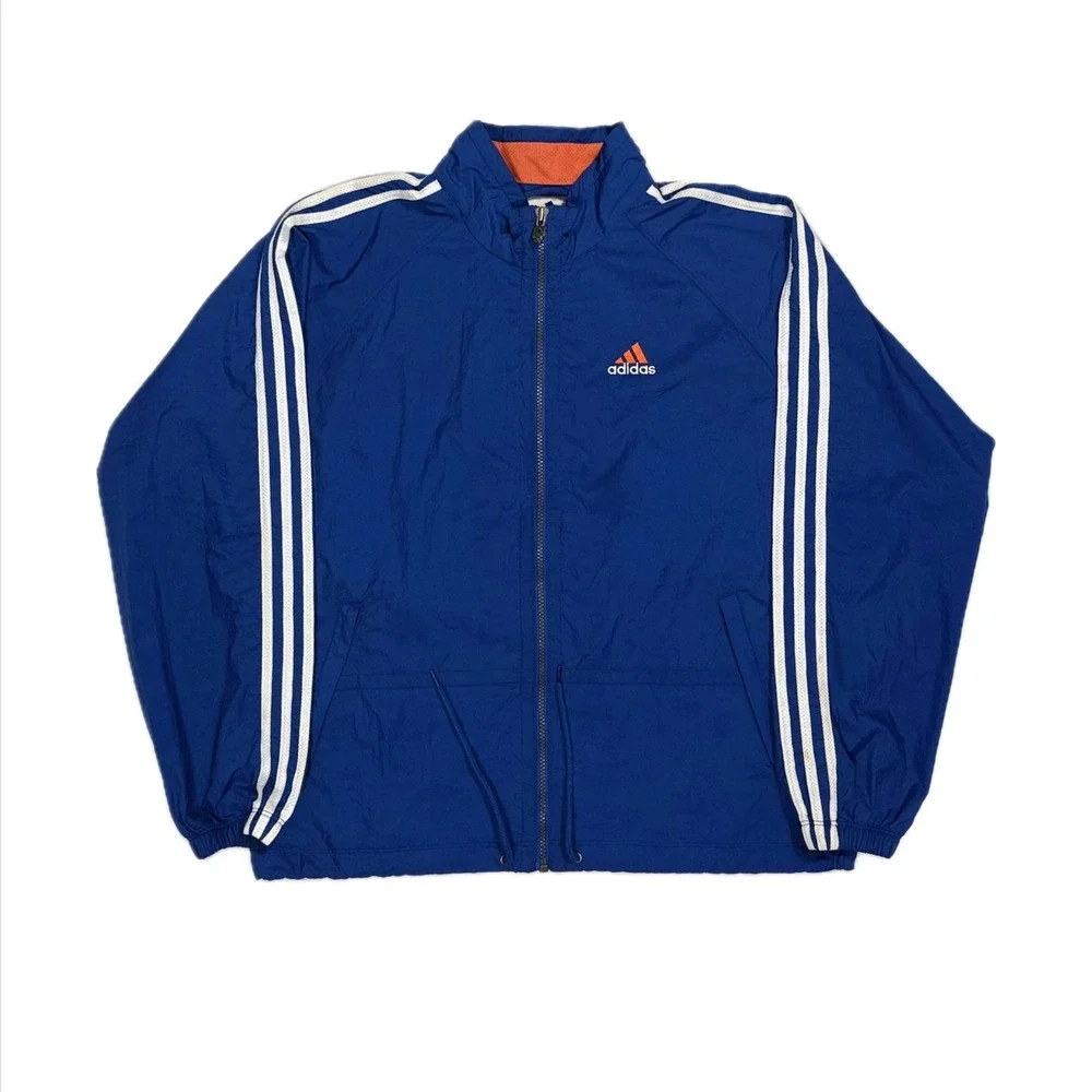 Vtg 90s Adidas blue orange three stripe full zip windbreaker jacket mens medium